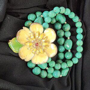 Tan Enamel Flower Rhinestone Center Faux Turquoise Vntg 3 Row Corsage Bracelet